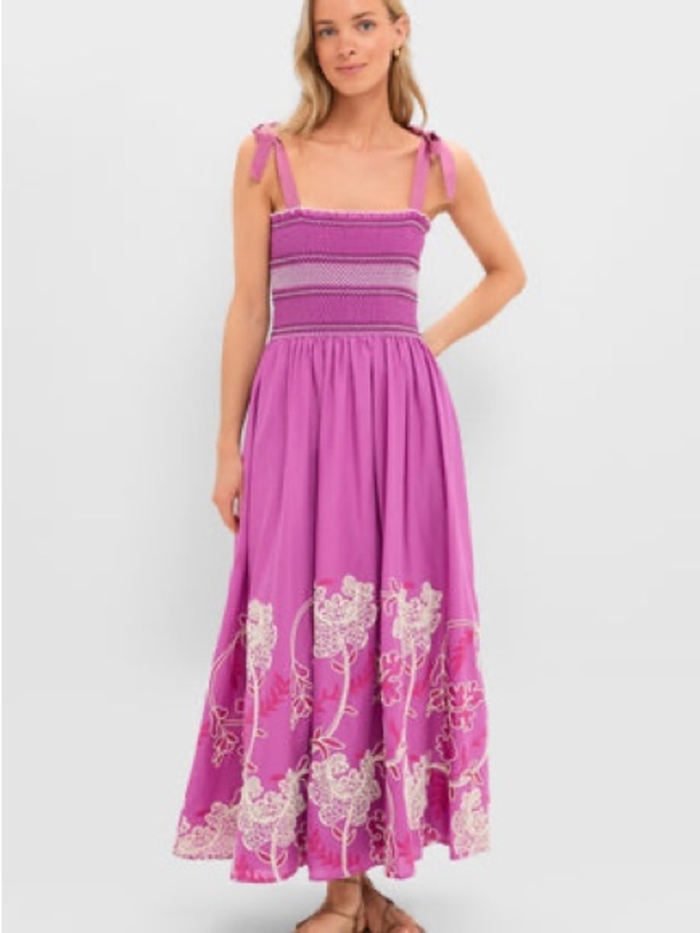 Tuckernuck Magenta Smocked Tie-Shoulder Maxi Dress with Cream Embroidery